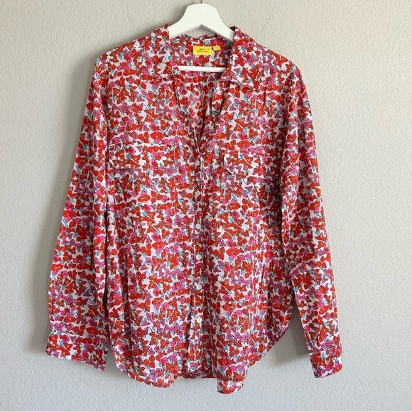 Roller Rabbit Floral Button Down Blouse Top Size L Pink Red Cotton - Picture 1 of 10